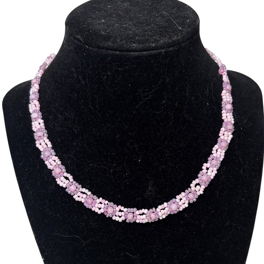 Dainty Purple Pink Beaded Necklace Floral Seed Bead Choker Cottagecore